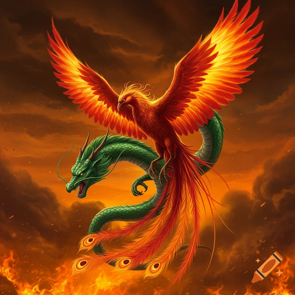 A red and orange phoenix flies above a green dragon in a fiery sky.