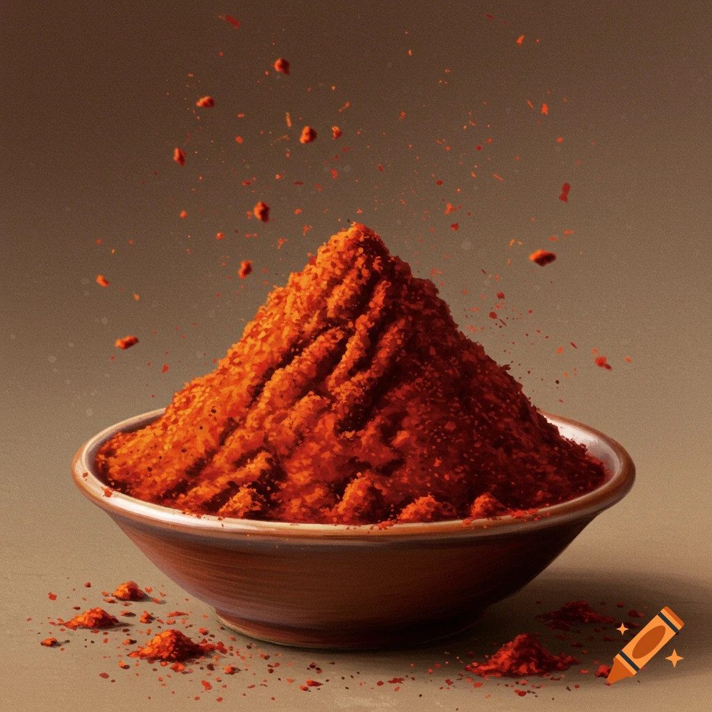 A bowl filled with a large pile of red powder, with some powder scattering.