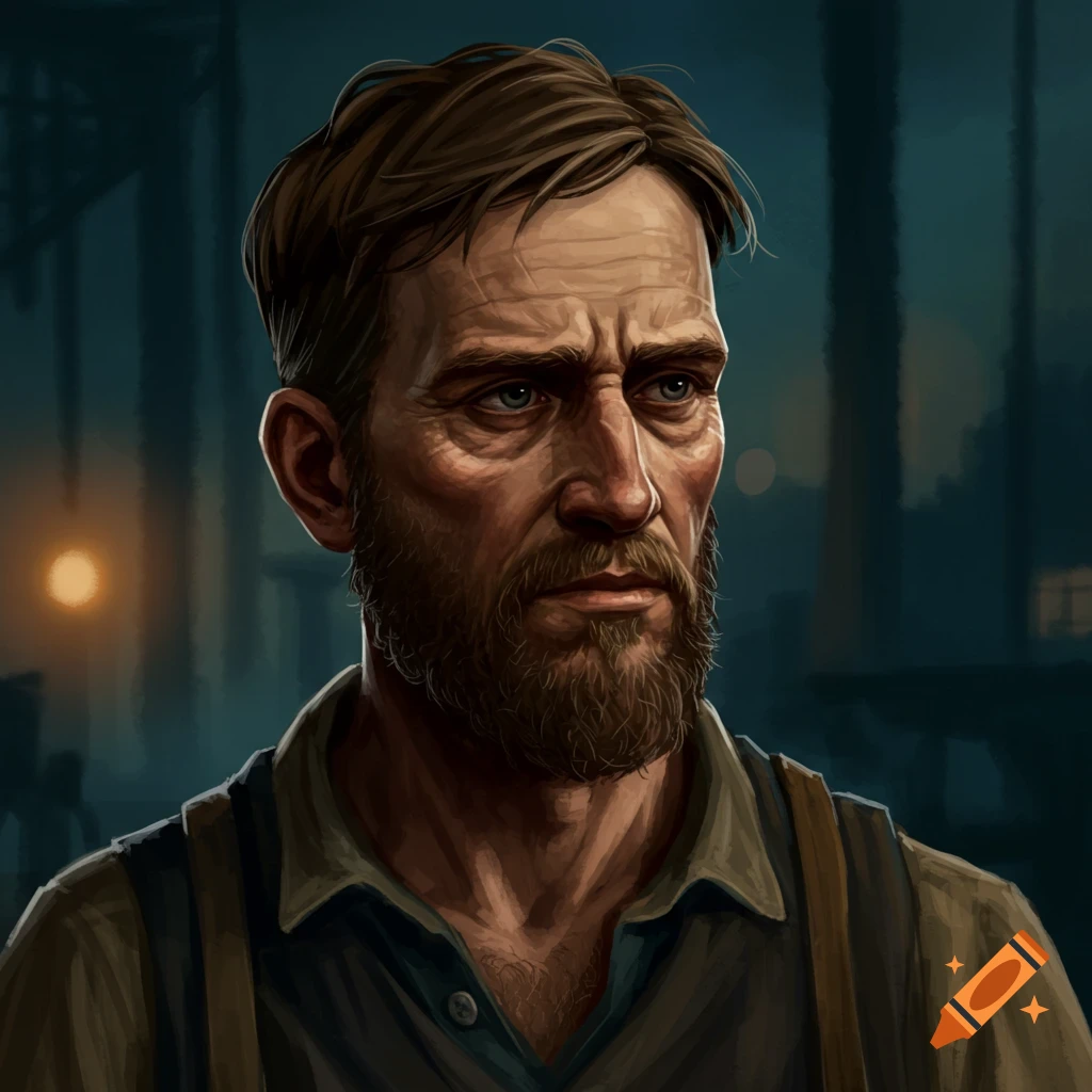Illustrative portrait of a bearded man with suspenders