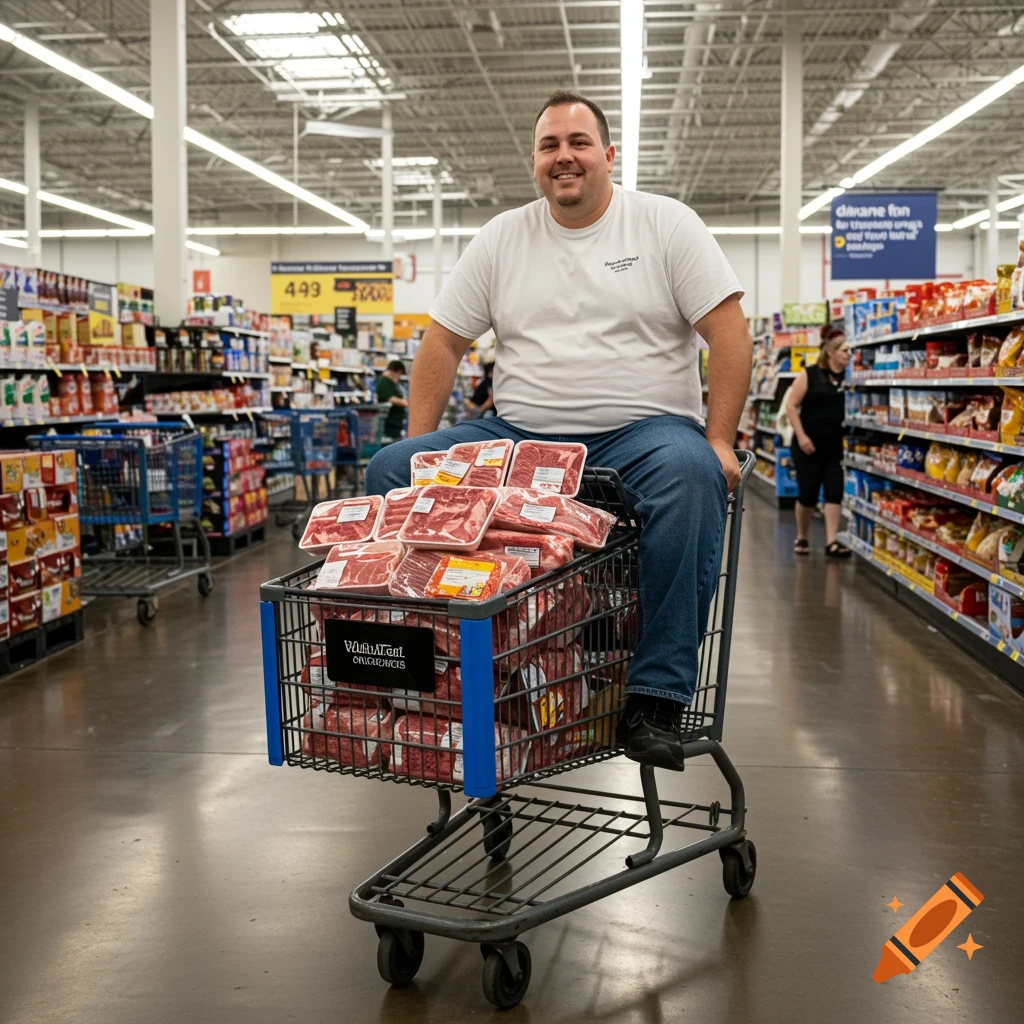 A man sits in a full shopping cart loaded with meat inside a supermarket.