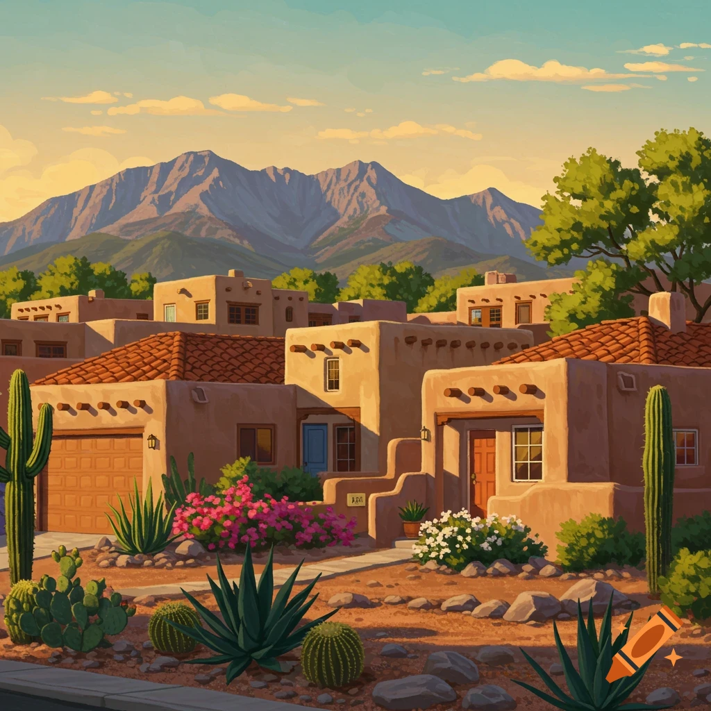 Illustrative view of adobe houses in a desert landscape with mountains and cacti.