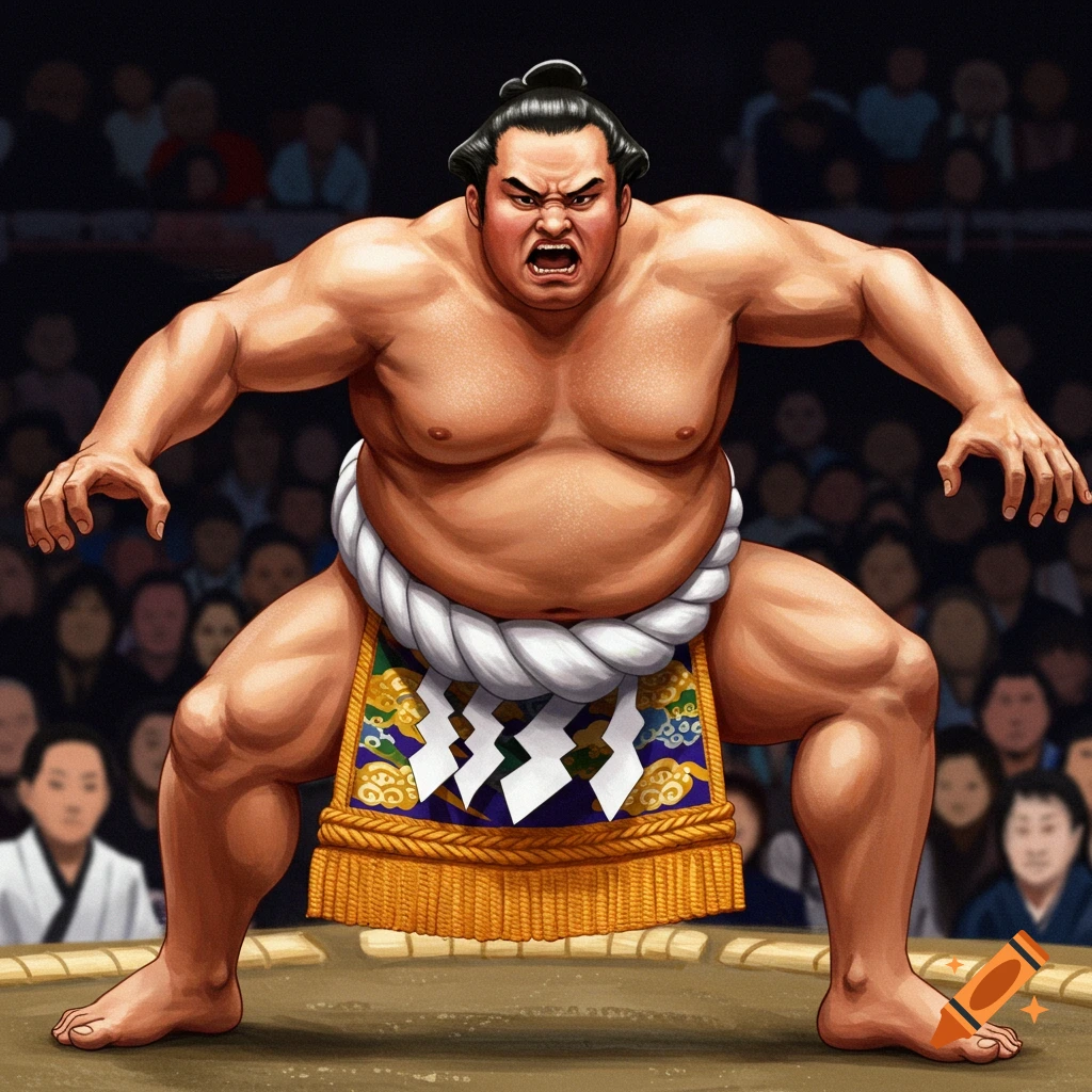 Illustrative depiction of a sumo wrestler in a fighting stance in a ring.