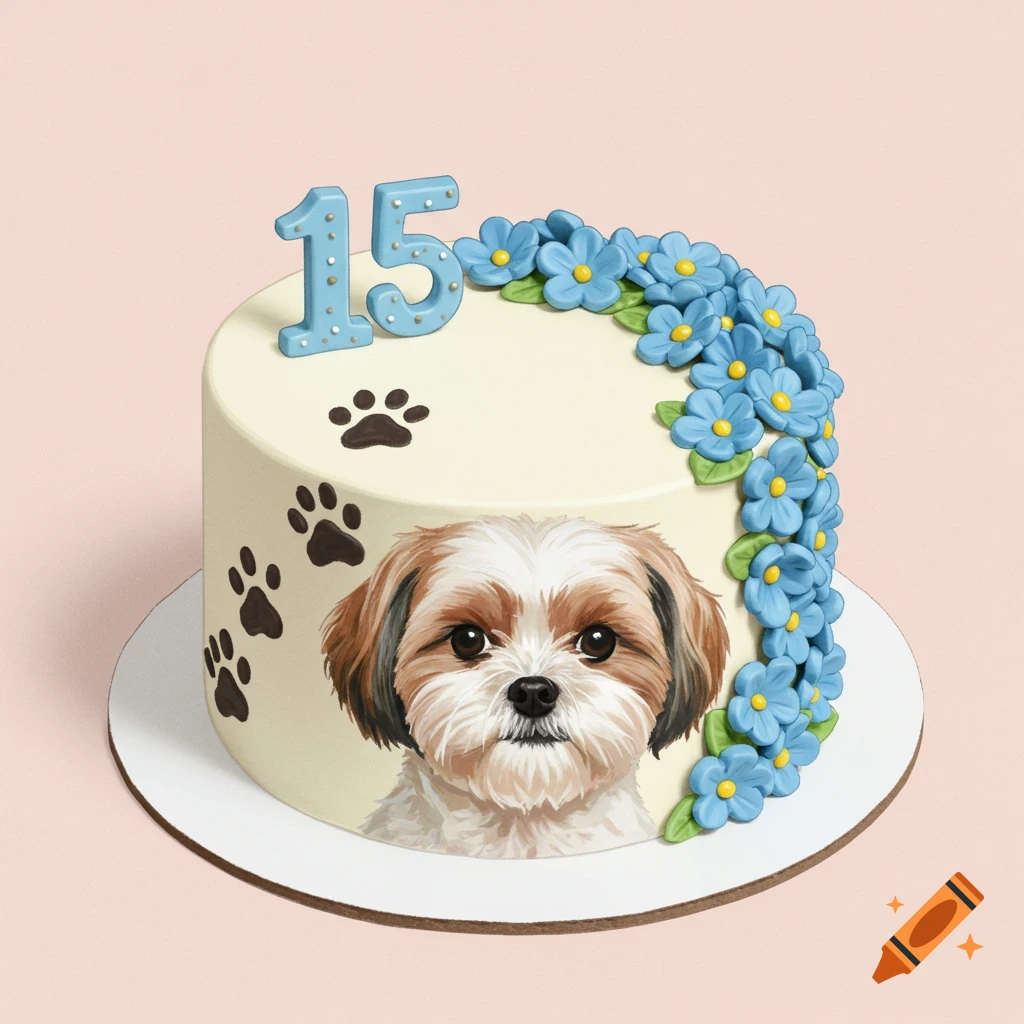 Circle cake with blue flowers, number 15, paw prints, and Shih Tzu face