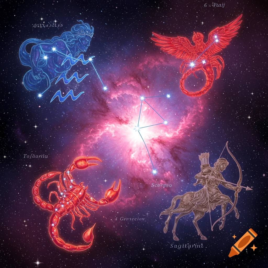 Constellations of Aquarius, Scorpio, Sagittarius, and a red winged creature against a pink nebula in space.