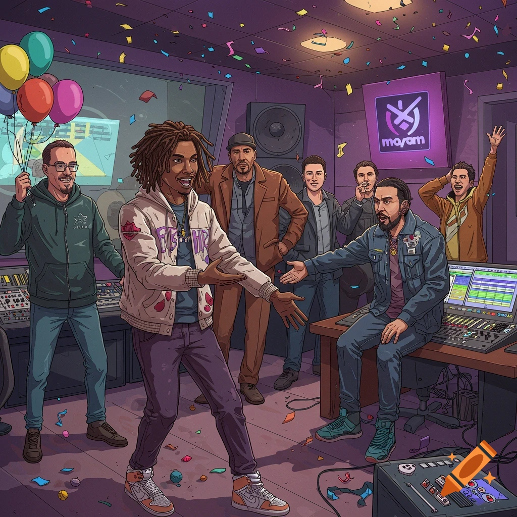 Illustration of people celebrating in a music recording studio with balloons and confetti.