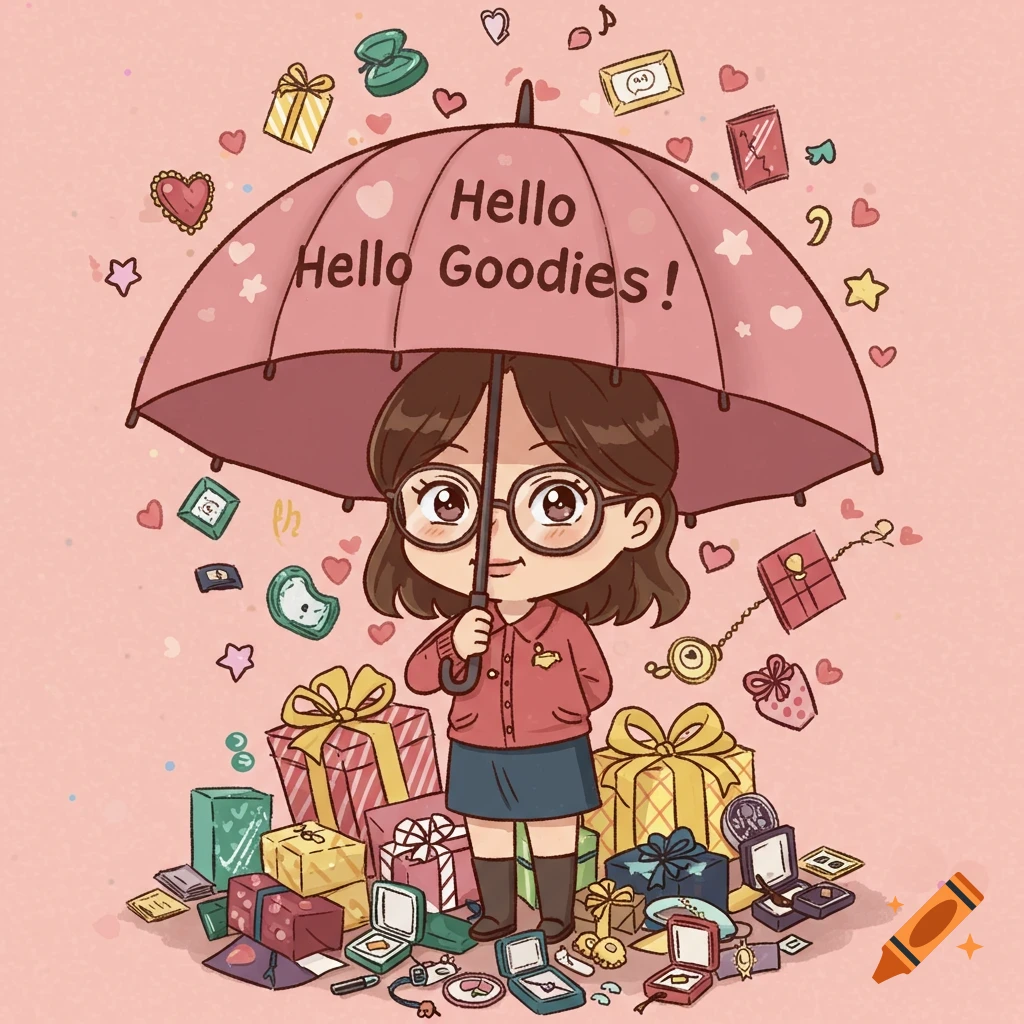Anime style woman with umbrella, "Hello Goodies!" text, raining gifts