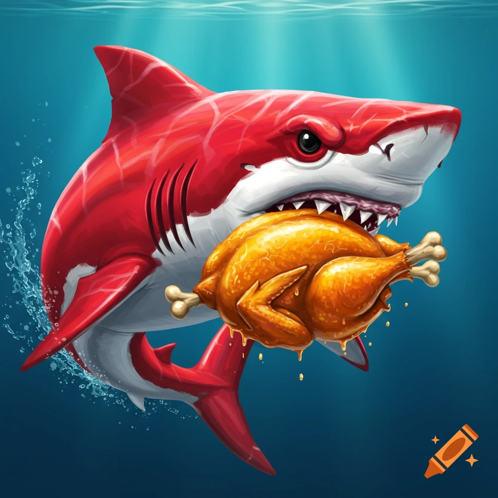 A stylized red and white shark swims underwater with a whole roasted chicken in its mouth.