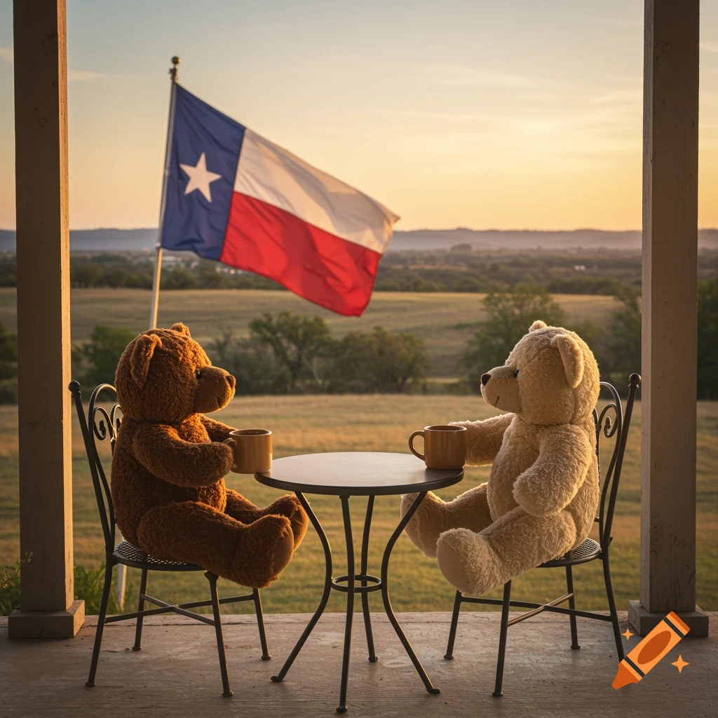 Two teddy bears drink coffee at a table under a Texas flag at sunset.