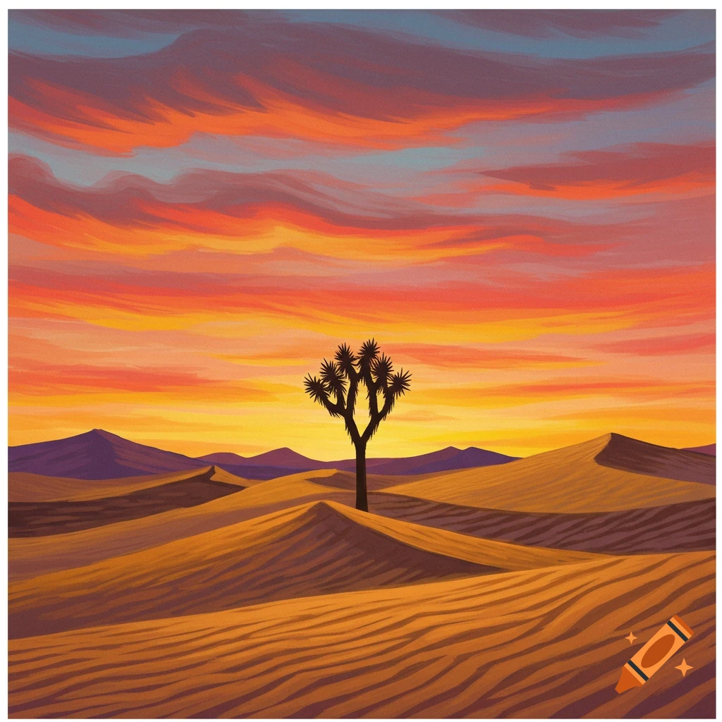 Desert sunset illustration with a Joshua tree and sand dunes against a colorful sky.