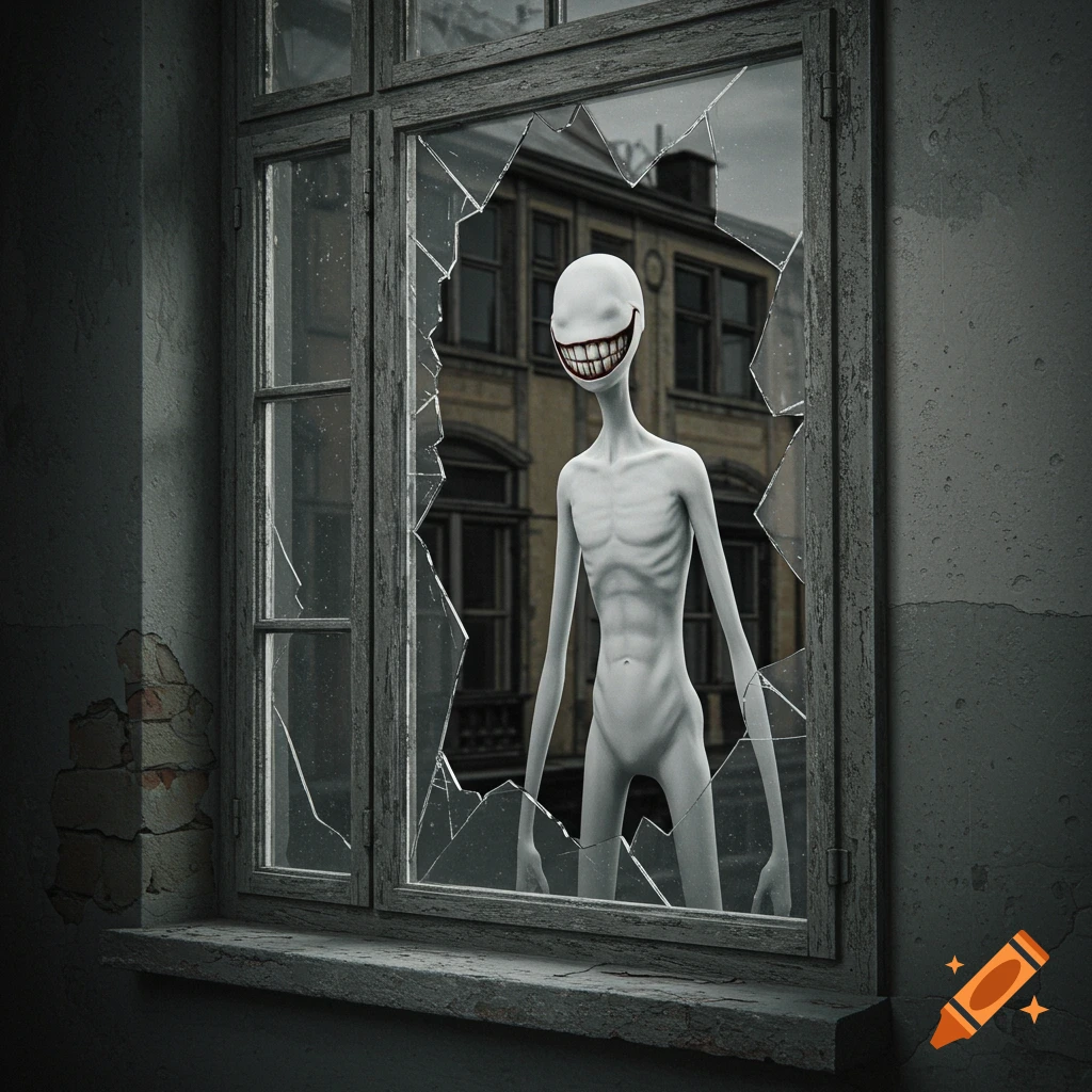 Slender, faceless white man with toothy smile peeking through cracked window.