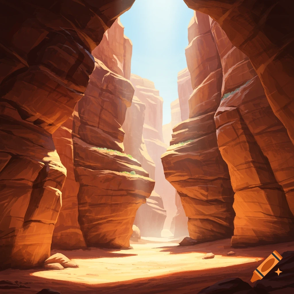 A stylized view looking up through a narrow canyon with sunlight filtering in.