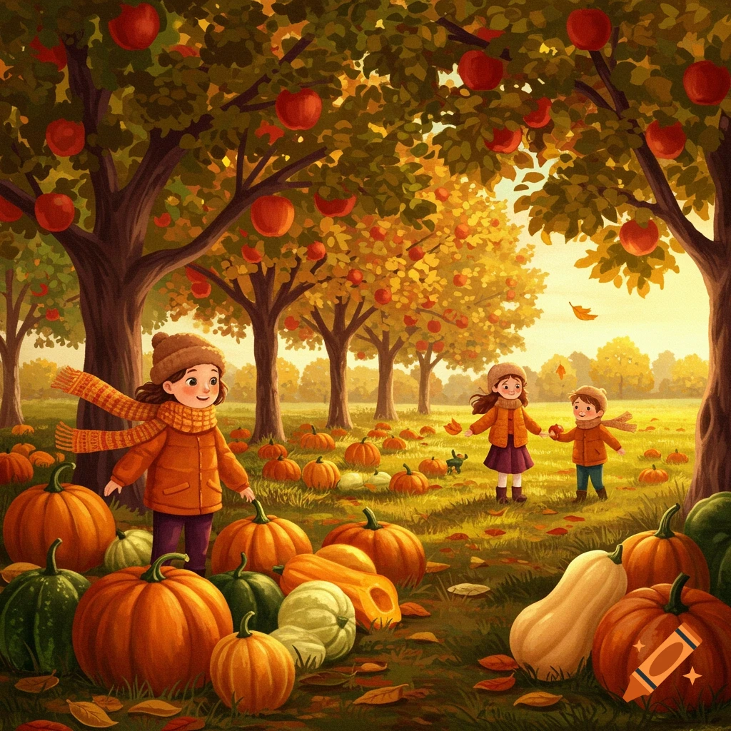 Illustrative image of children in an autumn apple orchard with pumpkins and squash on the ground.