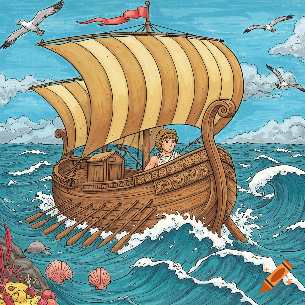 Illustration of a young person sailing a boat with oars on a wavy sea, with seagulls flying.