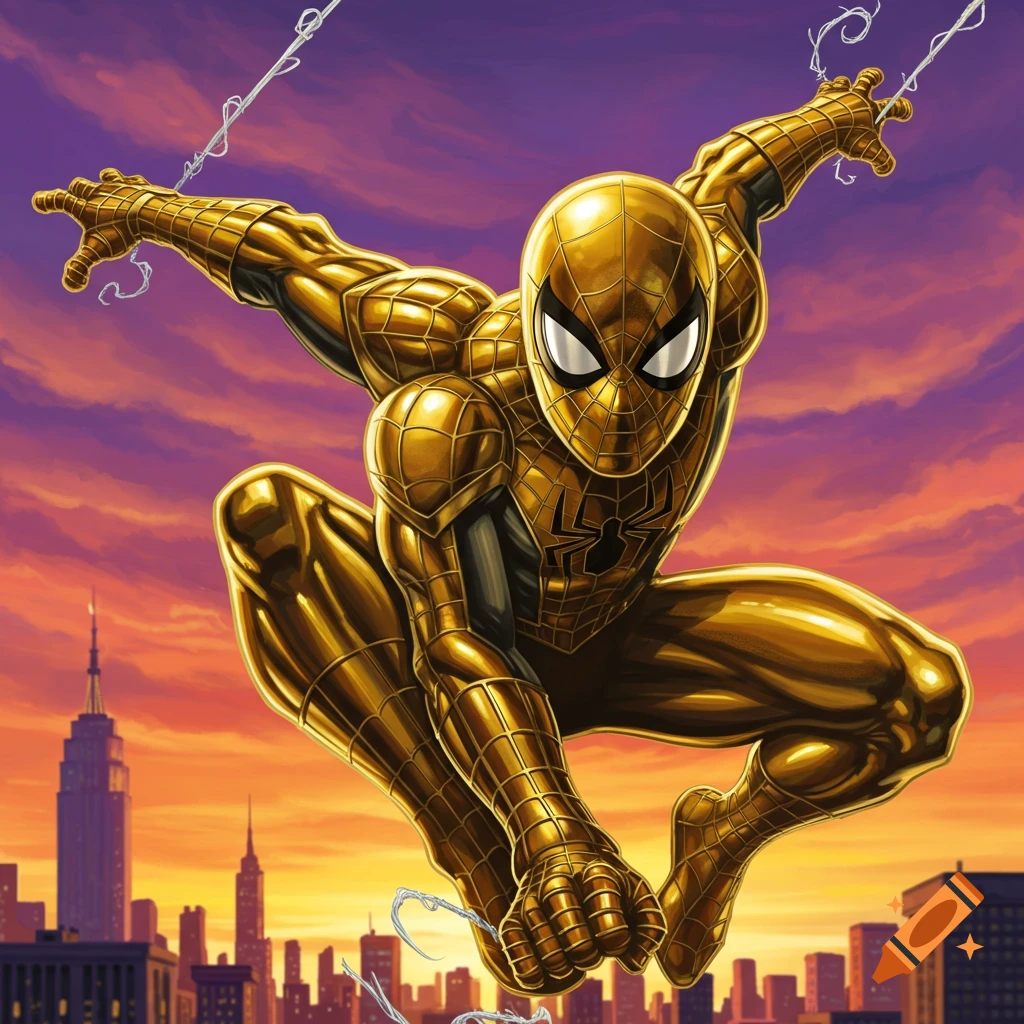 Gold Spider-Man swings over a city skyline at sunset, comic art style.