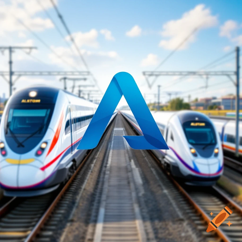 A large blue logo is centered in front of two trains on parallel tracks under a cloudy sky.