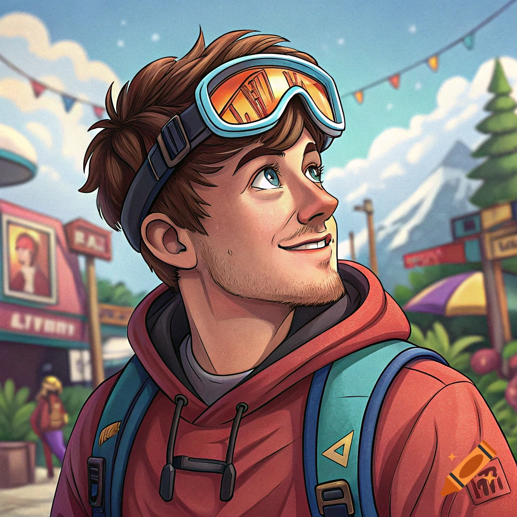 Cartoon portrait of a young man with goggles and a backpack, looking up in an outdoor setting.