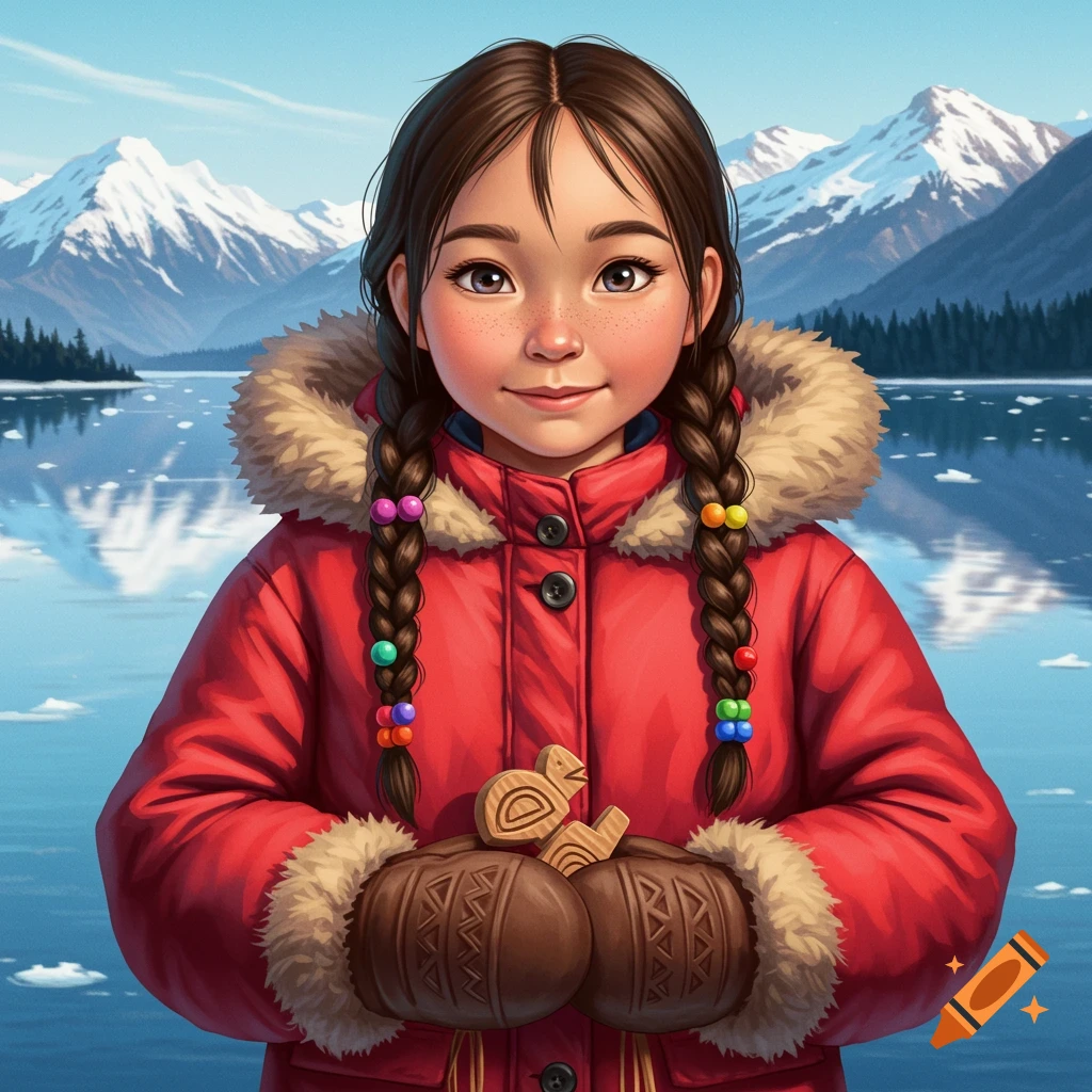 A girl in a red winter coat holds wooden carvings in front of a snowy mountain lake.
