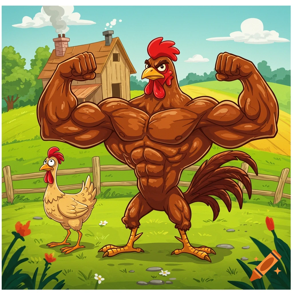 A muscular cartoon chicken flexes next to a skinny cartoon chicken on a ...