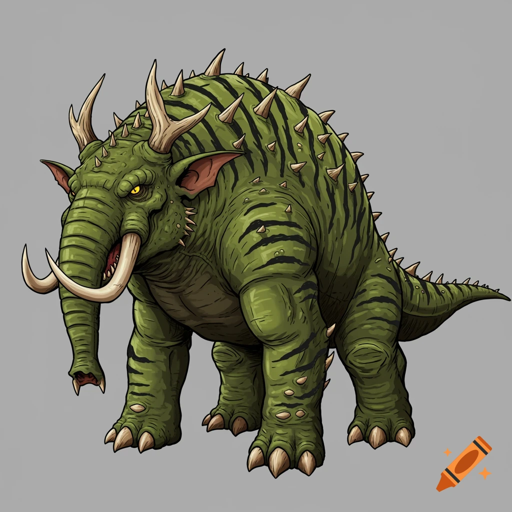An illustration of a green monster with black stripes, spikes, tusks, and horns.