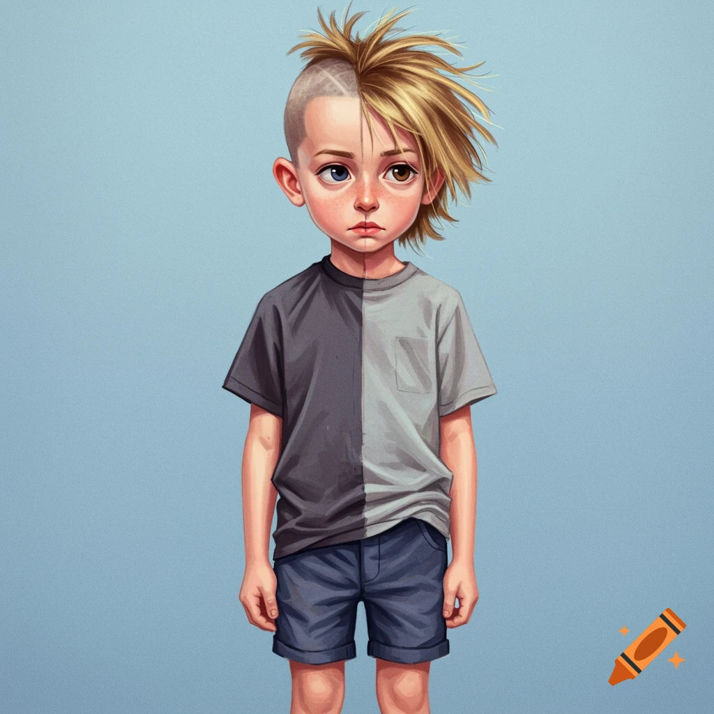 Stylized portrait of a young boy with a unique half-shaved hairstyle and heterochromia, wearing a split-color t-shirt.