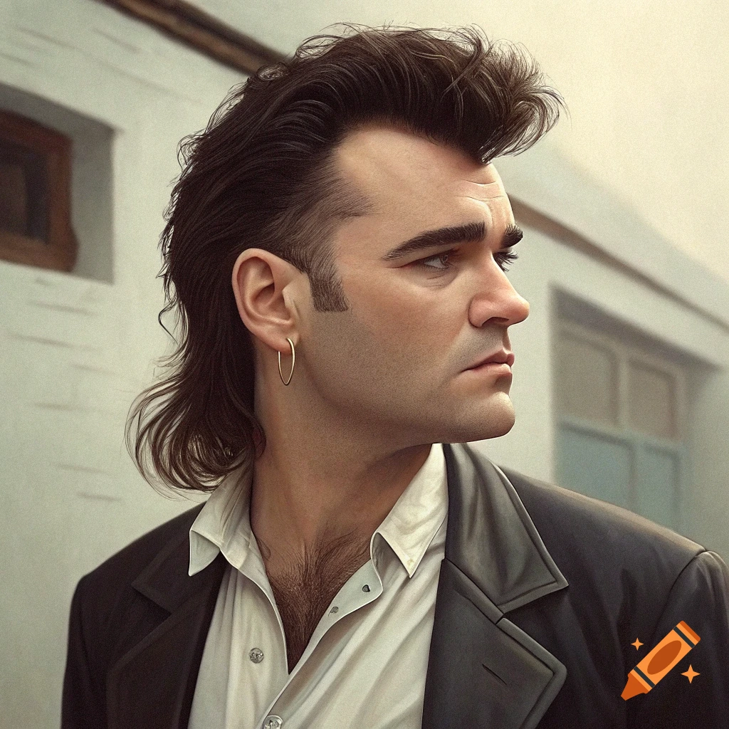 Photorealistic portrait of a man with a mullet and hoop earring looking right