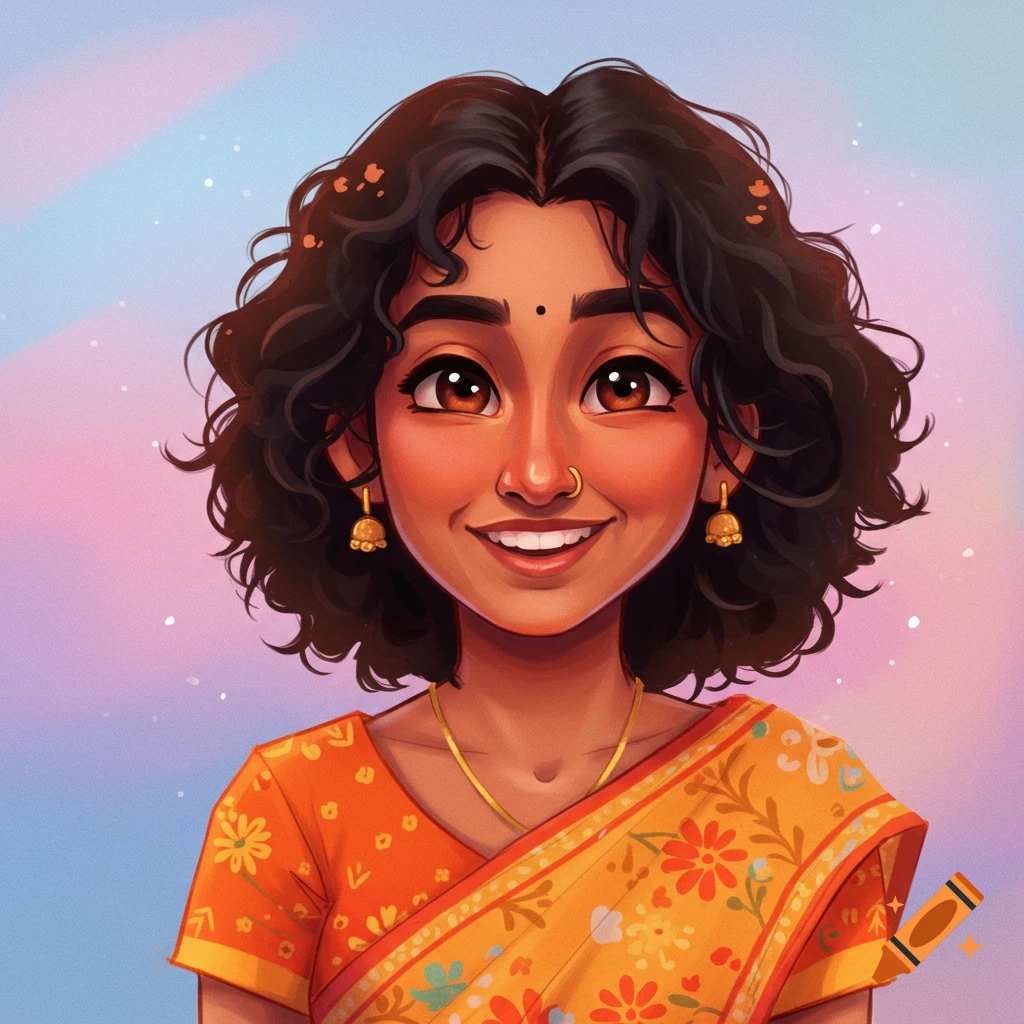 A stylized cartoon portrait of an Indian woman smiling, wearing a saree and jewelry.