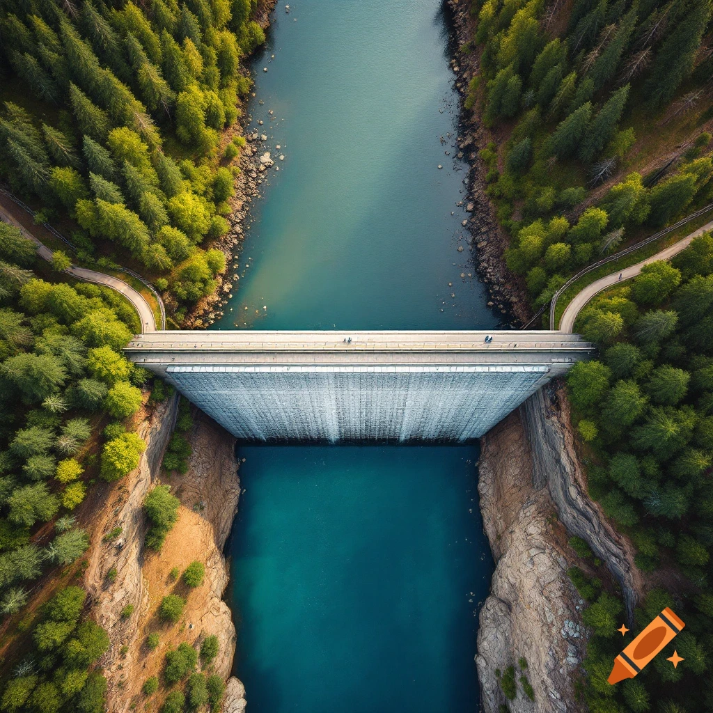 Aerial view of a dam surrounded by green forest, with water flowing over it into a clear blue reservoir.
