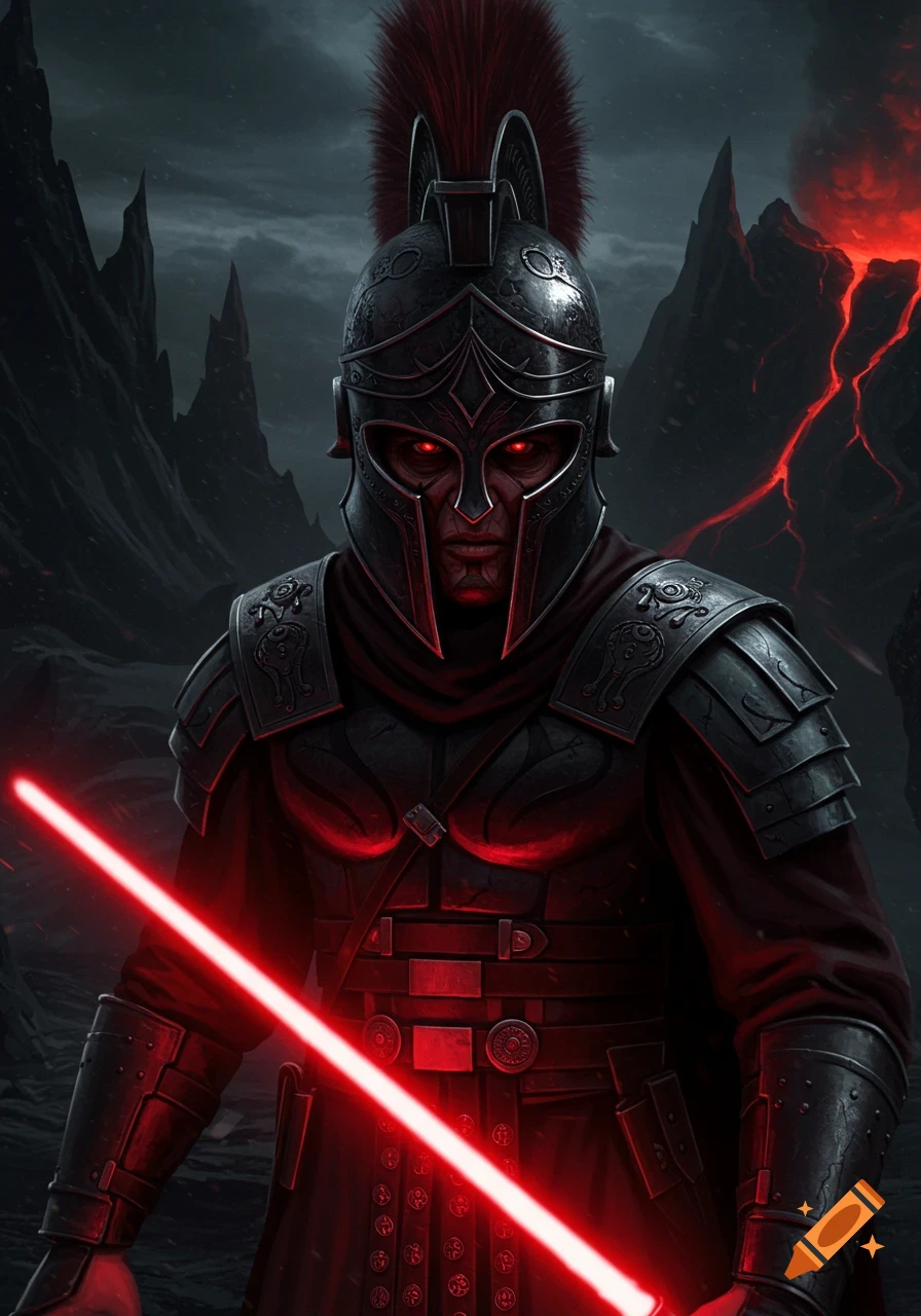 Warrior in dark Roman armor with glowing red eyes and red lightsaber in a volcanic landscape.