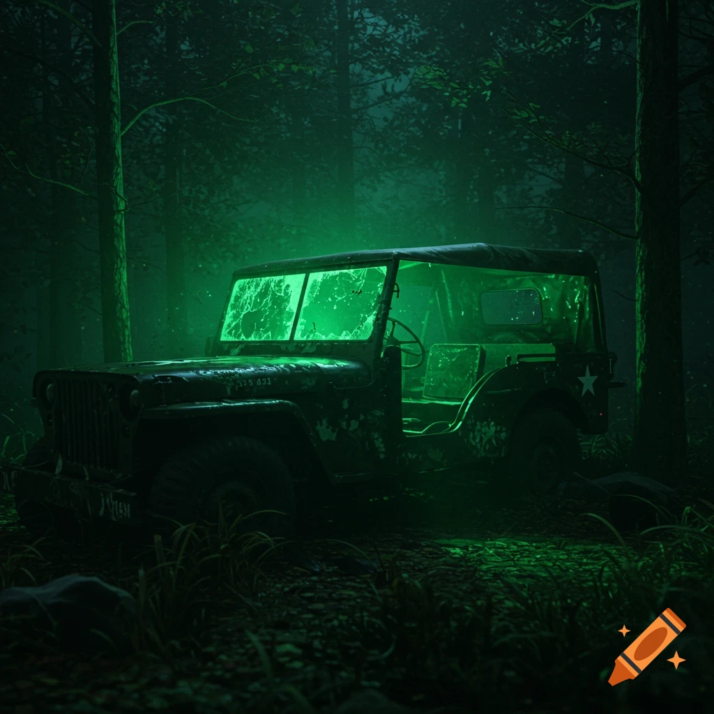 Abandoned military jeep in dark forest with eerie green light and mist.