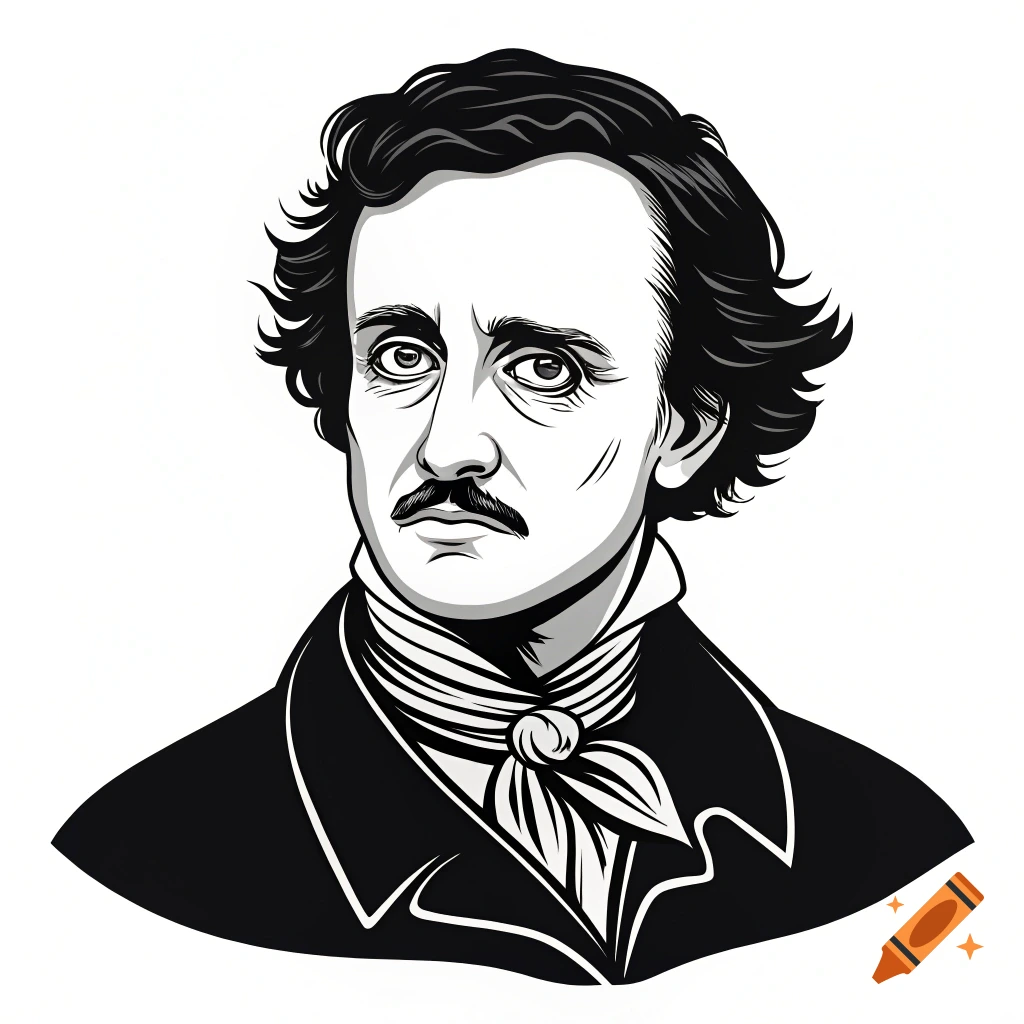 A stylized black and white portrait illustration of Edgar Allan Poe.