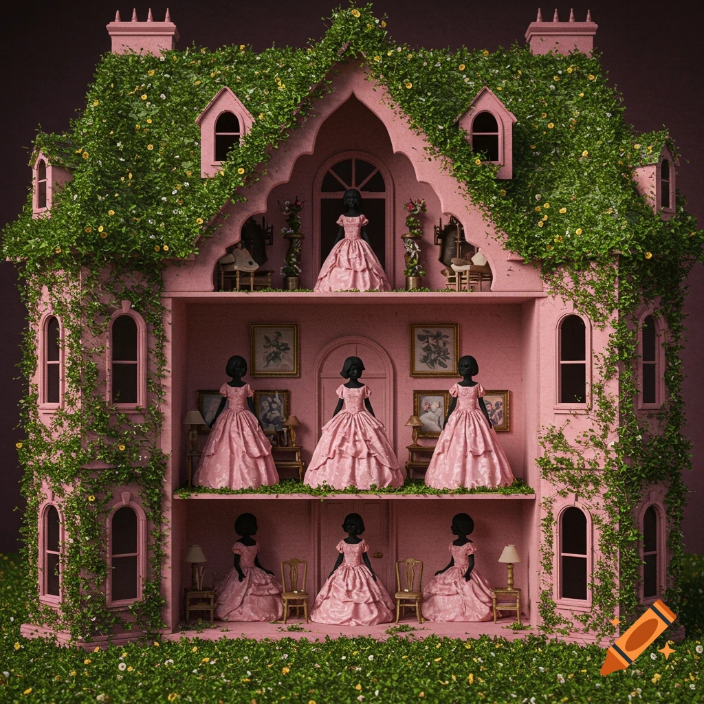 A pink dollhouse covered in ivy contains multiple dark doll-like figures wearing pink dresses.