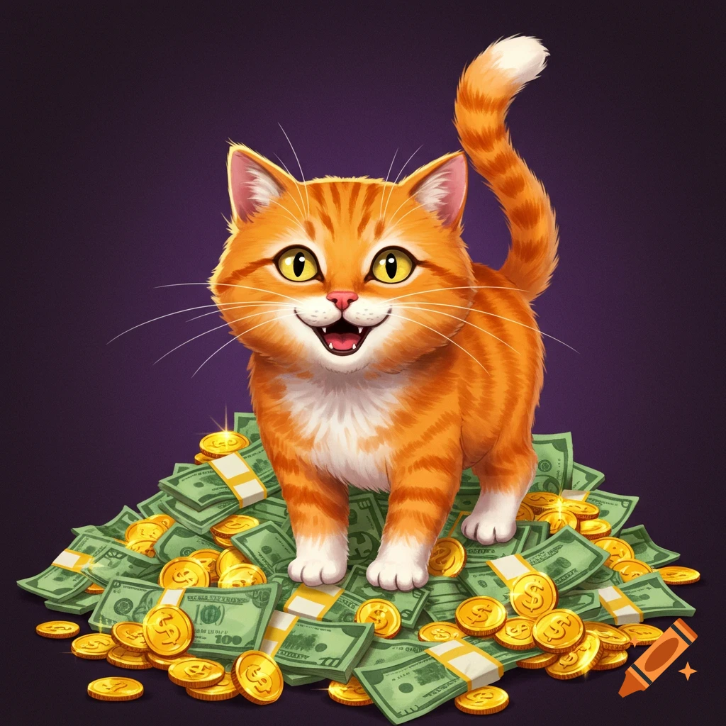 Cartoon orange cat stands on a large pile of cash and coins.