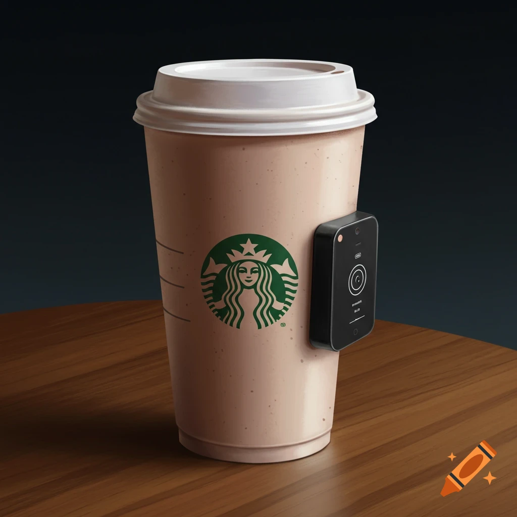 Illustration of a Starbucks coffee cup with a black tech device attached, sitting on a wooden table.