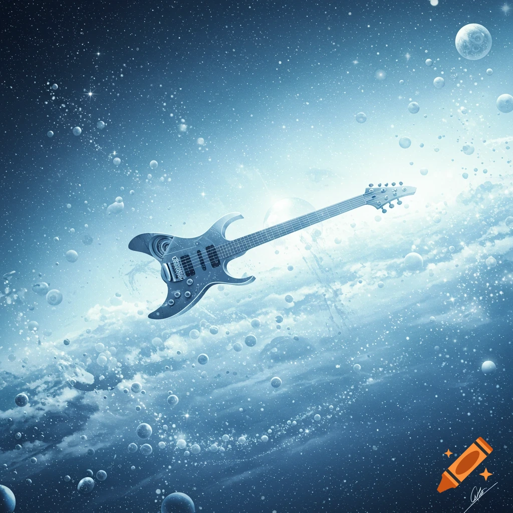 An electric guitar floats in a blue cosmic cloud filled with stars, planets, and bubbles.