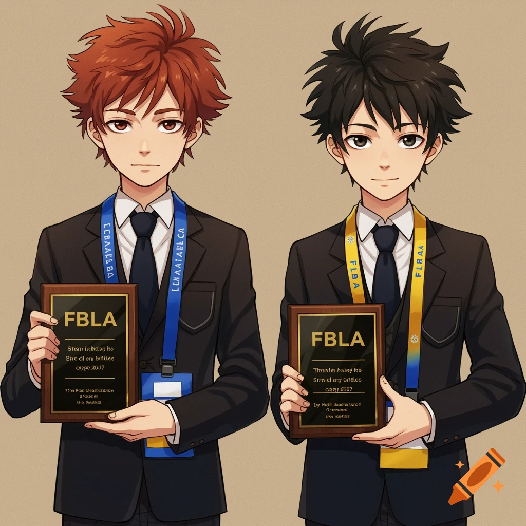 Anime boys in suits holding FBLA award plaques