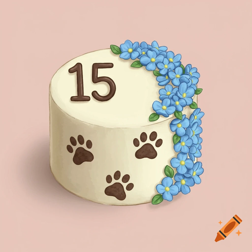 Circle cake with blue flowers, number 15, and paw prints decoration mock-up design idea for party cake decorations DIY bake off ideas inspiration trends birthday cake decoration ideas bakeries baking food cakes fondant frosting buttercream icing fillings toppings cakes occasion seasonal flavors techniques recipes decorating tips presentation serving storage cake decorating for beginners intermediate advanced cake art edible art cake design
