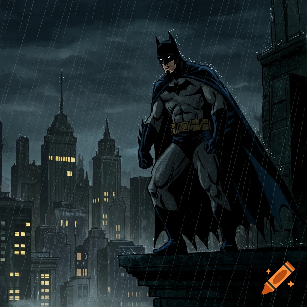 Cell-shaded art of Batman standing on a rainy rooftop overlooking a dark city.