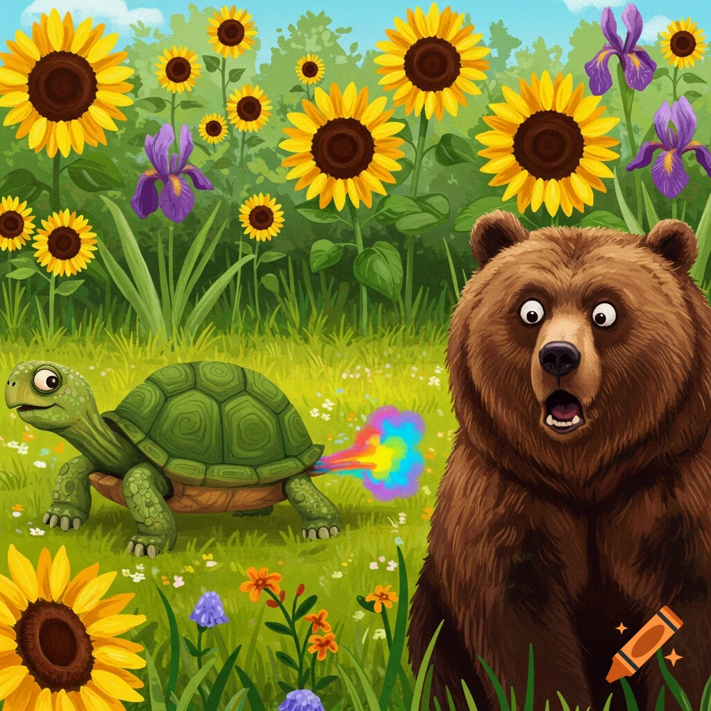 A cartoon turtle farts a rainbow towards a startled bear in a field of sunflowers.