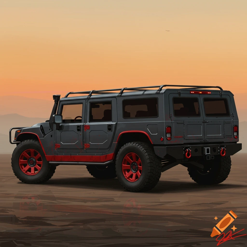 Dark grey Hummer H1 wagon with red accents in a desert landscape