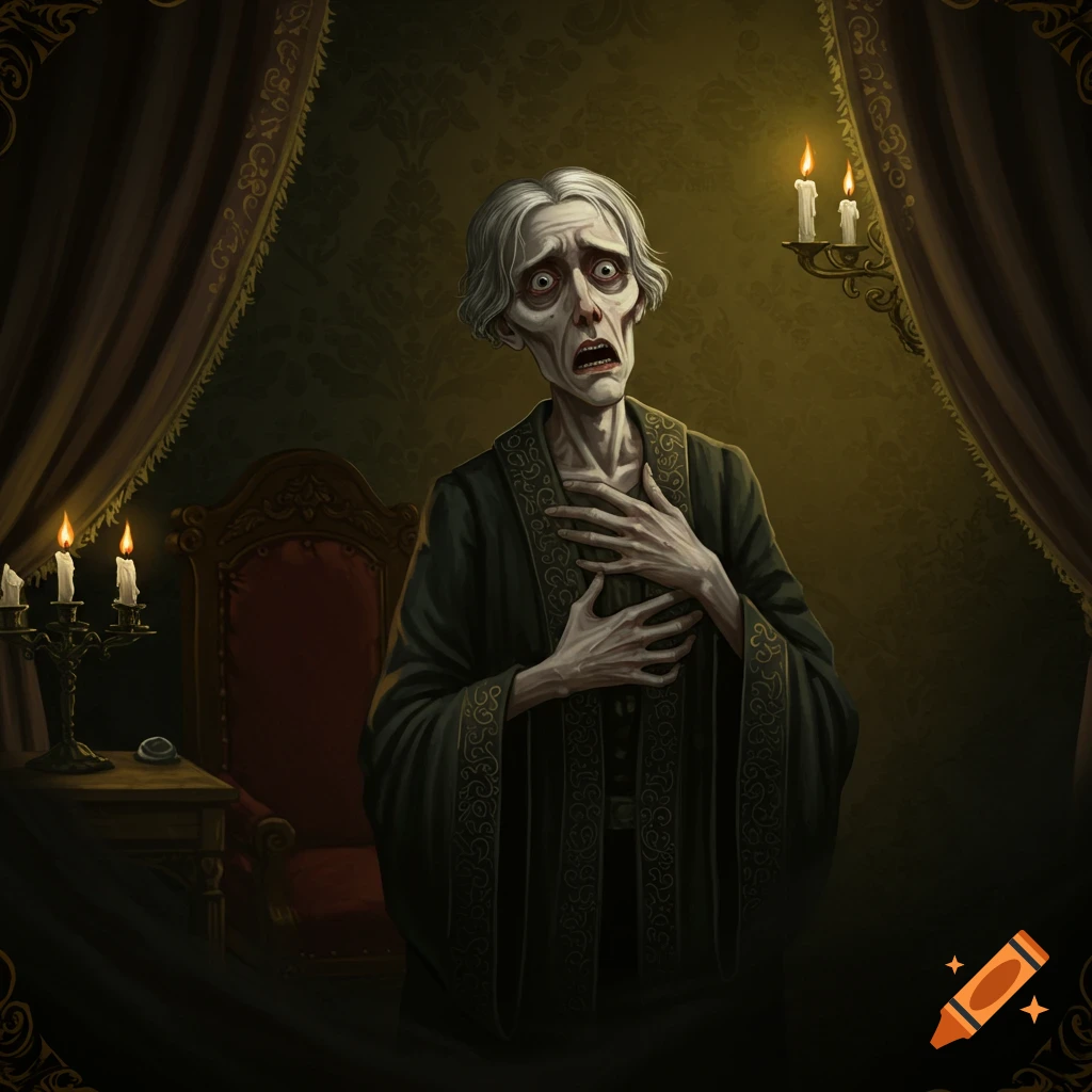 Illustration of gaunt Roderick Usher looking scared, clutching his chest in a candlelit gothic room.