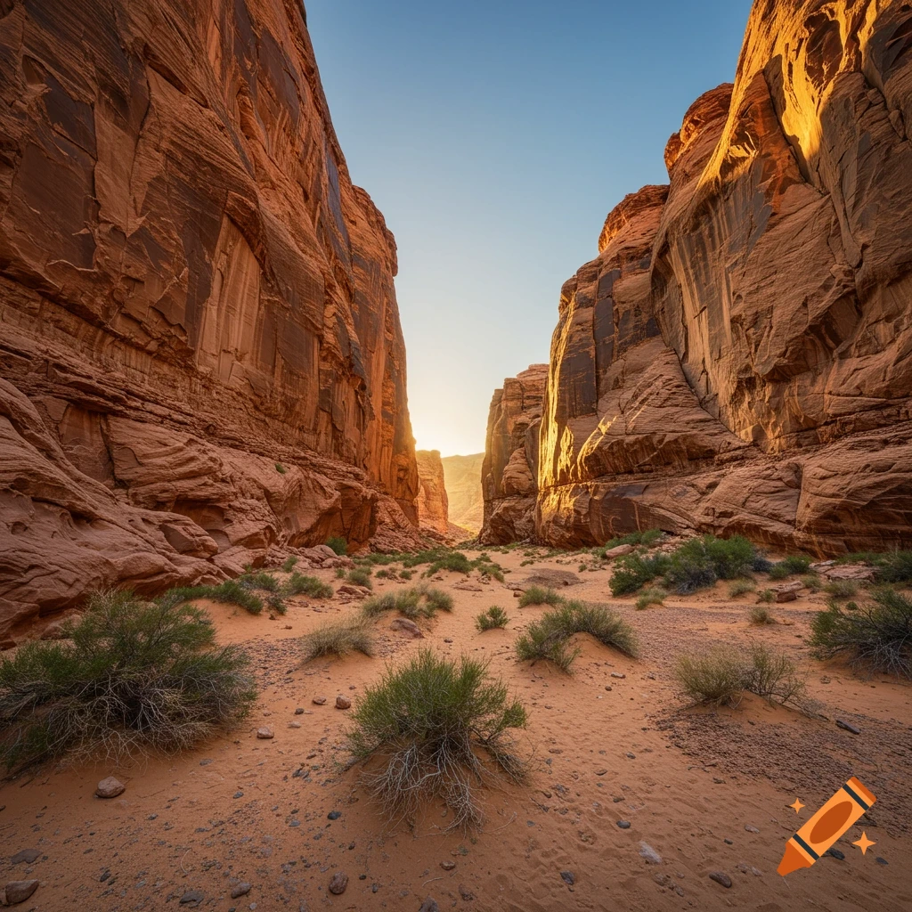 View inside a wide desert canyon with sun shining through the opening.