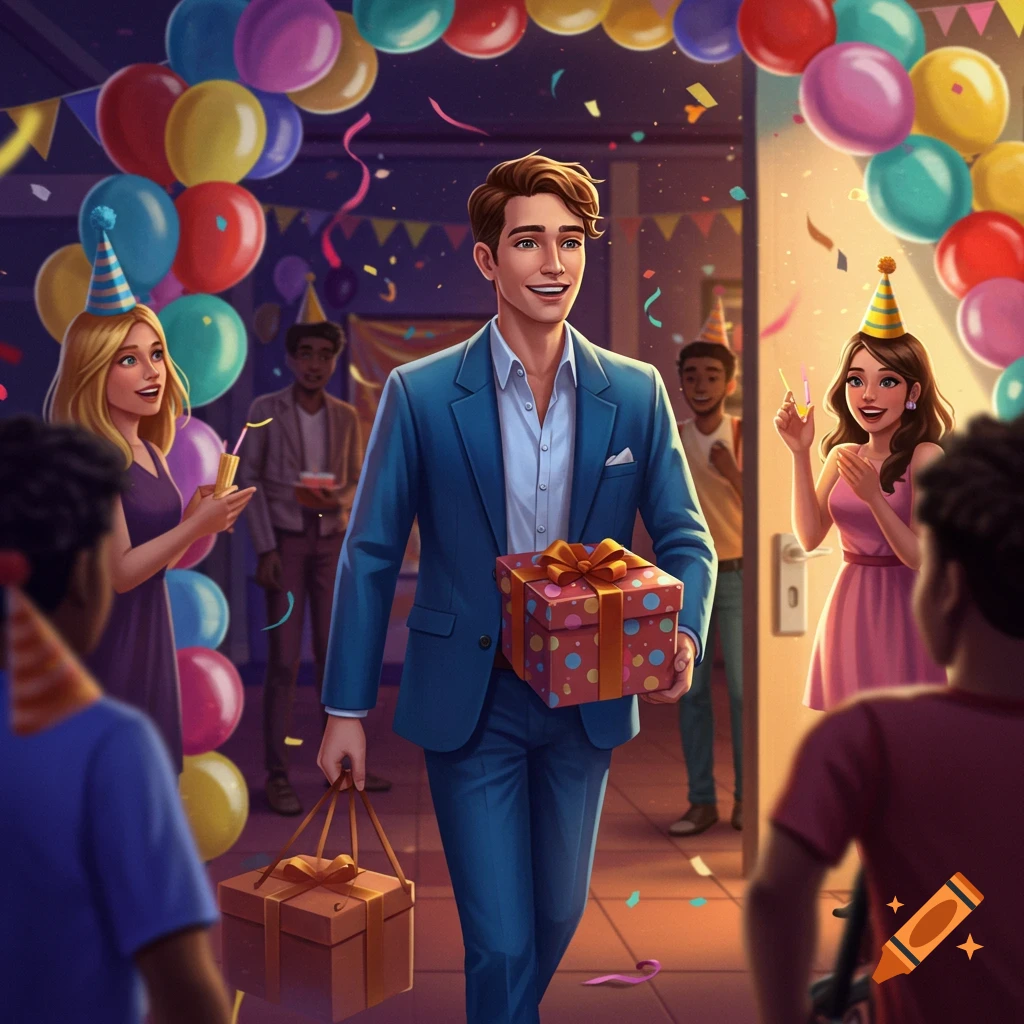 Man in a suit walking into a lively birthday party with gifts, balloons, and confetti in digital art style.