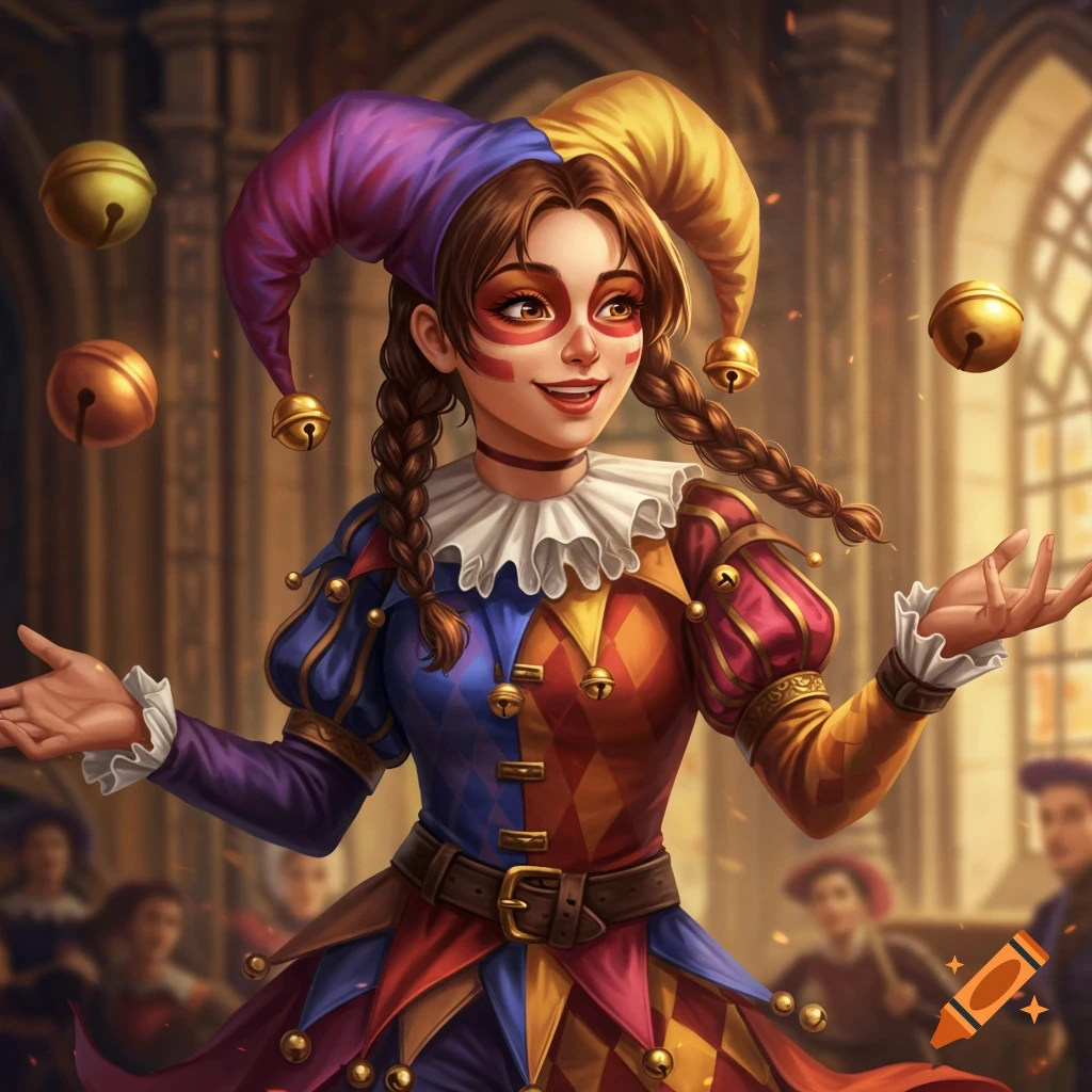 Stylized illustration of a female jester in a colorful costume juggling bells