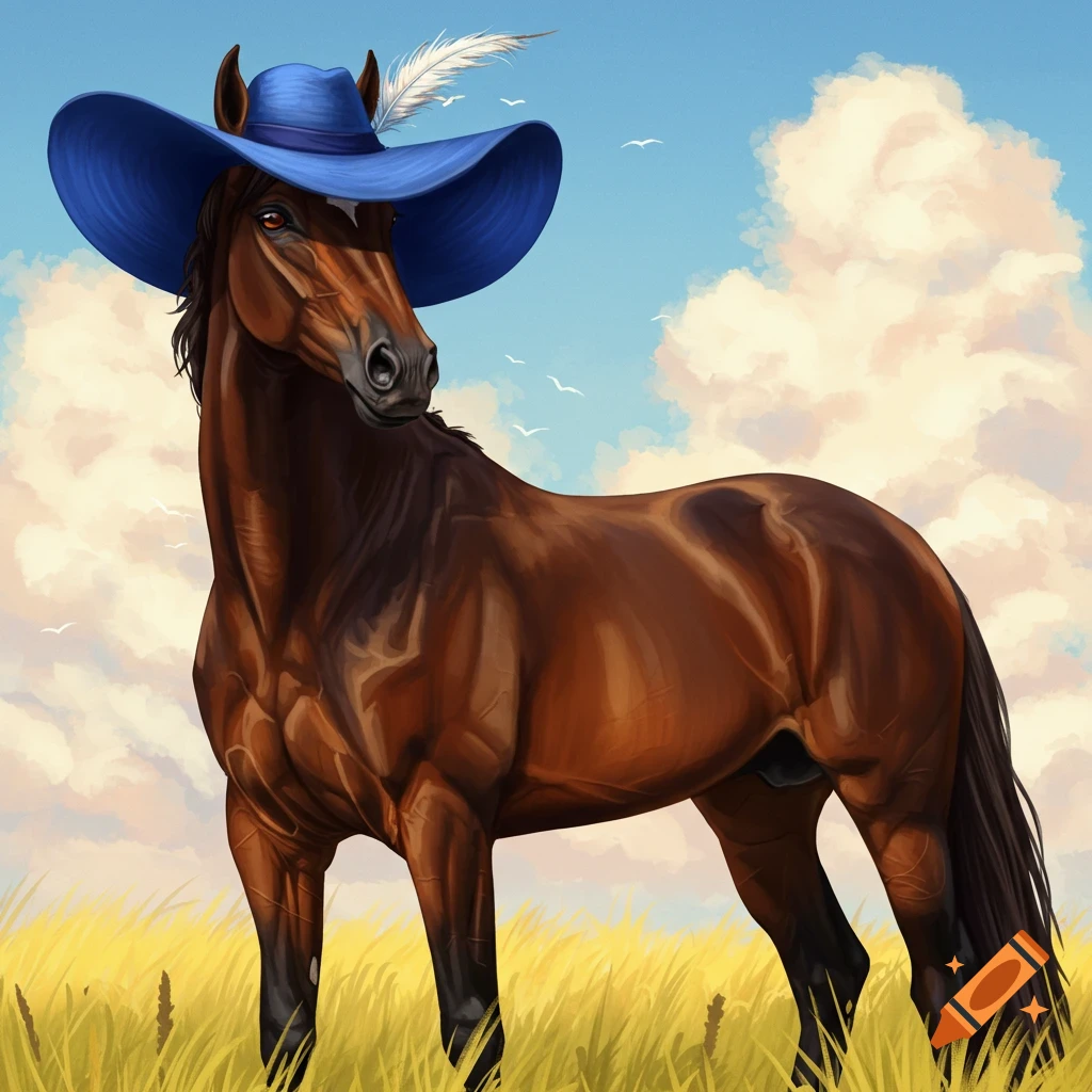 Horse wearing a blue hat