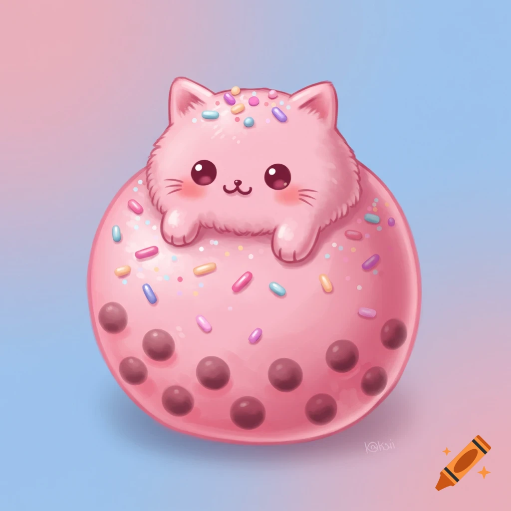 Cute pink cartoon cat on a pink boba tea sphere with sprinkles. Illustration.