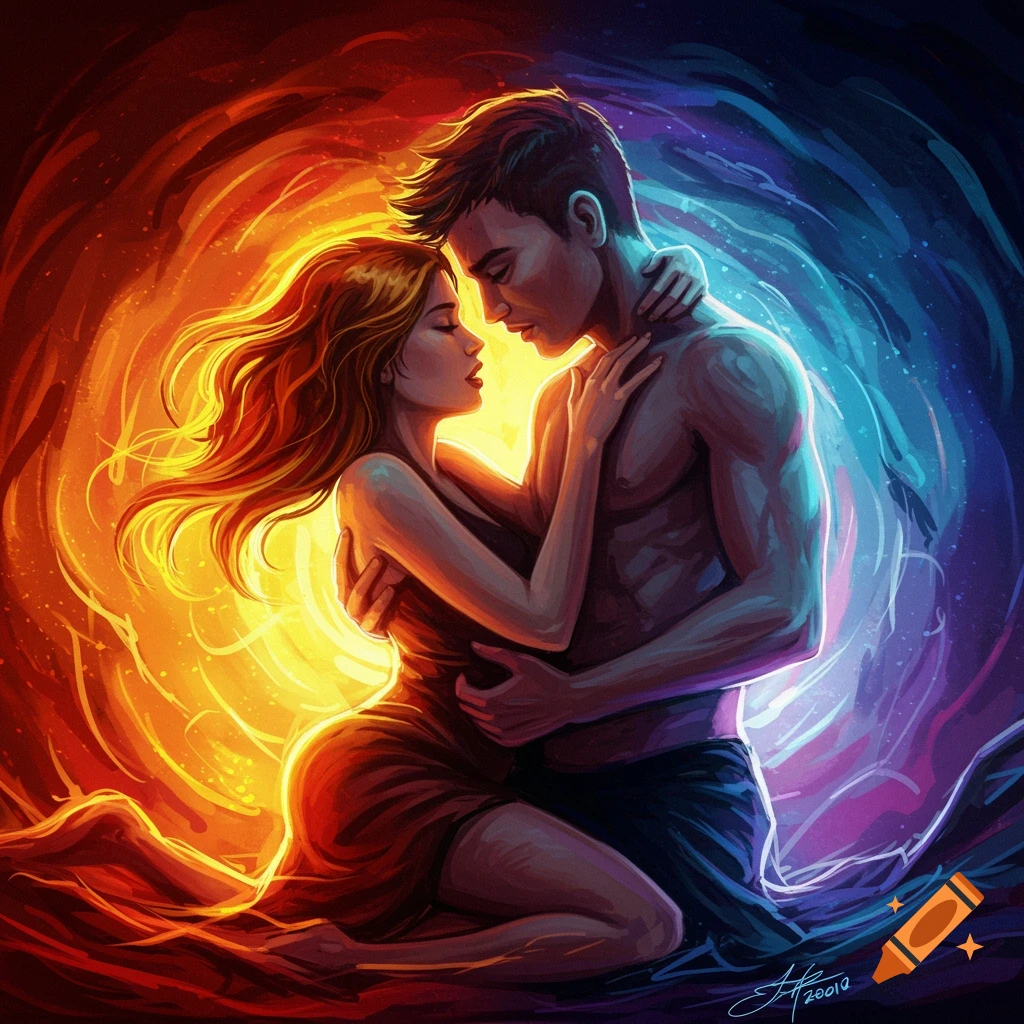 Artistic depiction of a couple embracing amidst swirling fiery orange and watery blue light.