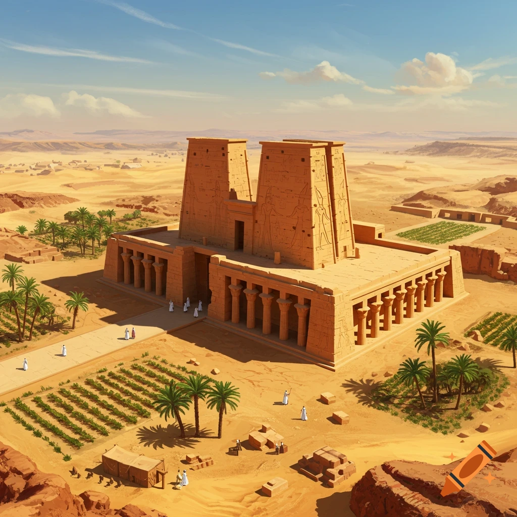 Ancient temple in a desert landscape with fields and palm trees