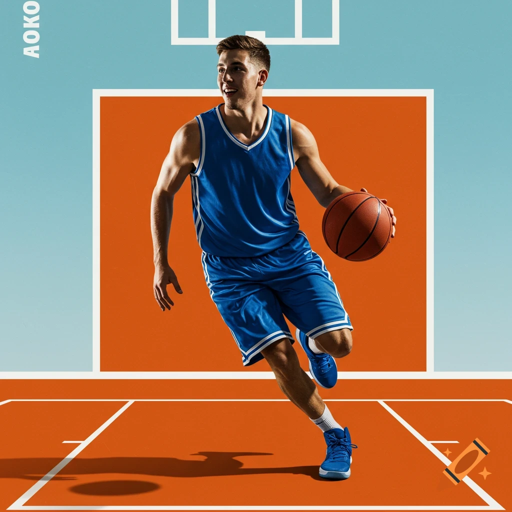 A basketball player dribbles a ball on a court.