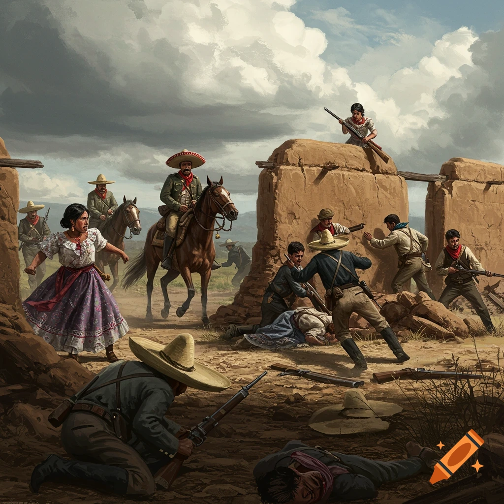 Illustration of a battle scene during the Mexican Revolution with fighters in traditional attire, some mounted on horses, others fighting near ruins.