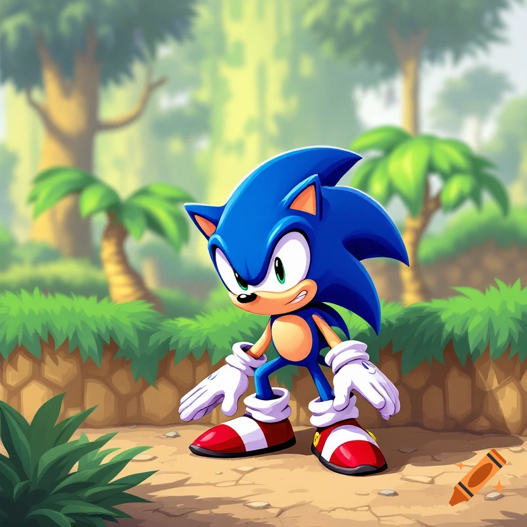 Cartoon image of Sonic the Hedgehog standing in a forest background.